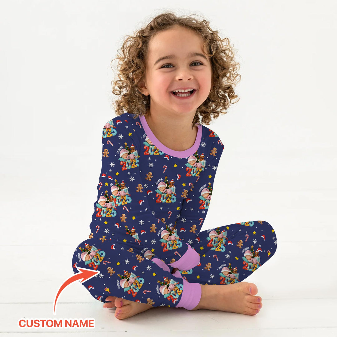 Custom Name Baby Girl's First Christmas  Two Piece Long Sleeve Pajama Set