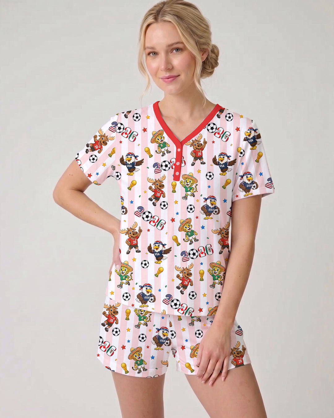 Striped Cute Mascots Soccer Cup 2026 Bamboo Men Short Sleeve Short Pajama Set