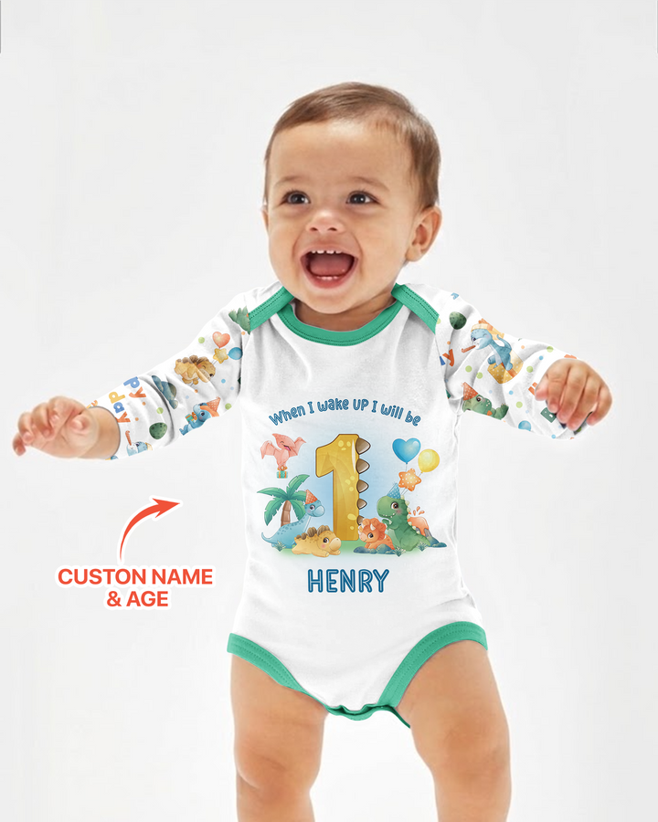 Custom Name When I Wake Up Birthday Dino Bamboo Bodysuit