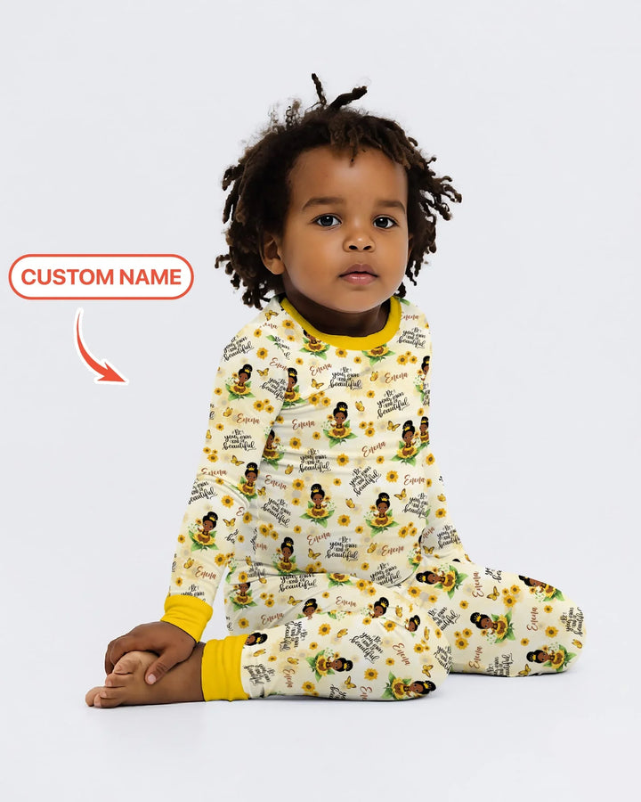 Custom Name Sunflower Queen Bamboo Two Piece Long Sleeve Pajama Set