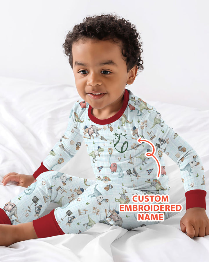 Custom Embroidered Dinosaurs Baseball  Bamboo Two Piece Long Sleeve Pajama Set