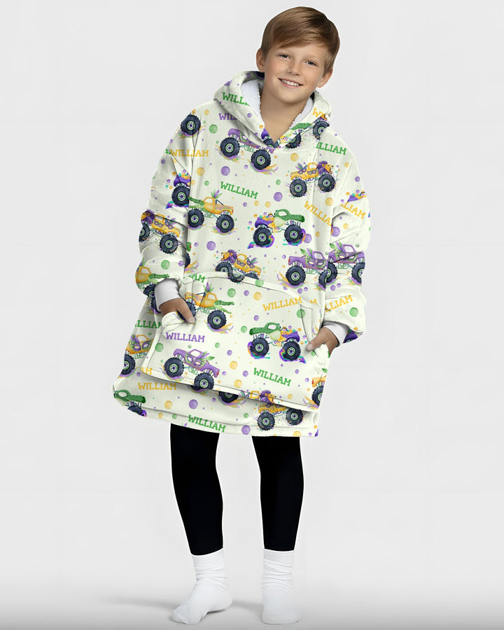 Custom Name Mardi Gras Monster Trucks Blanket Hoodie