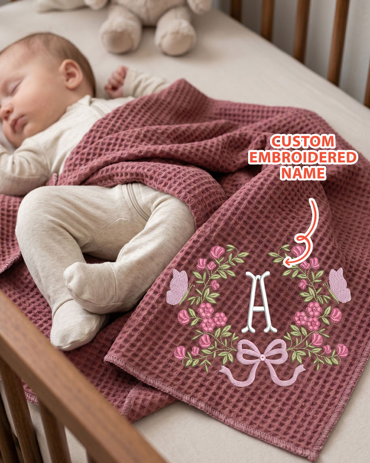 Personalized Flower Wreath Embroidered Waffle Bamboo Blanket