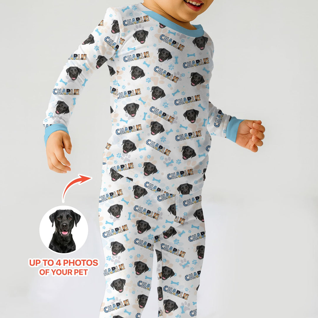 Custom Name Doodle Letters Blue Dog Two Piece Long Sleeve Pajama Set