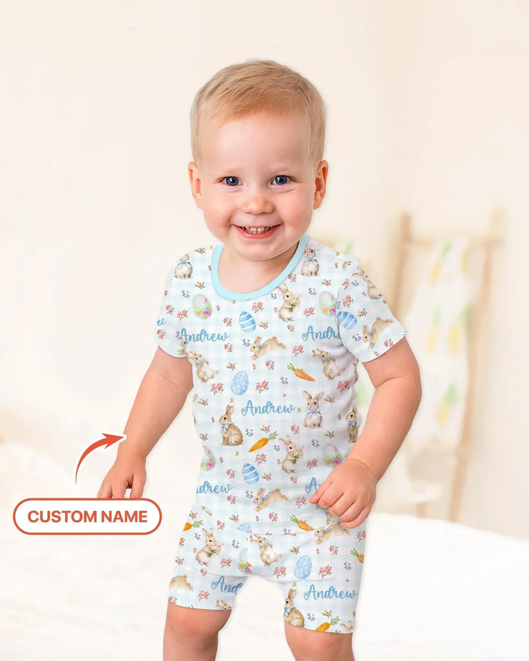 Custom Name Bunny Garden Two Piece Short Sleeve Shorts Pajama Set