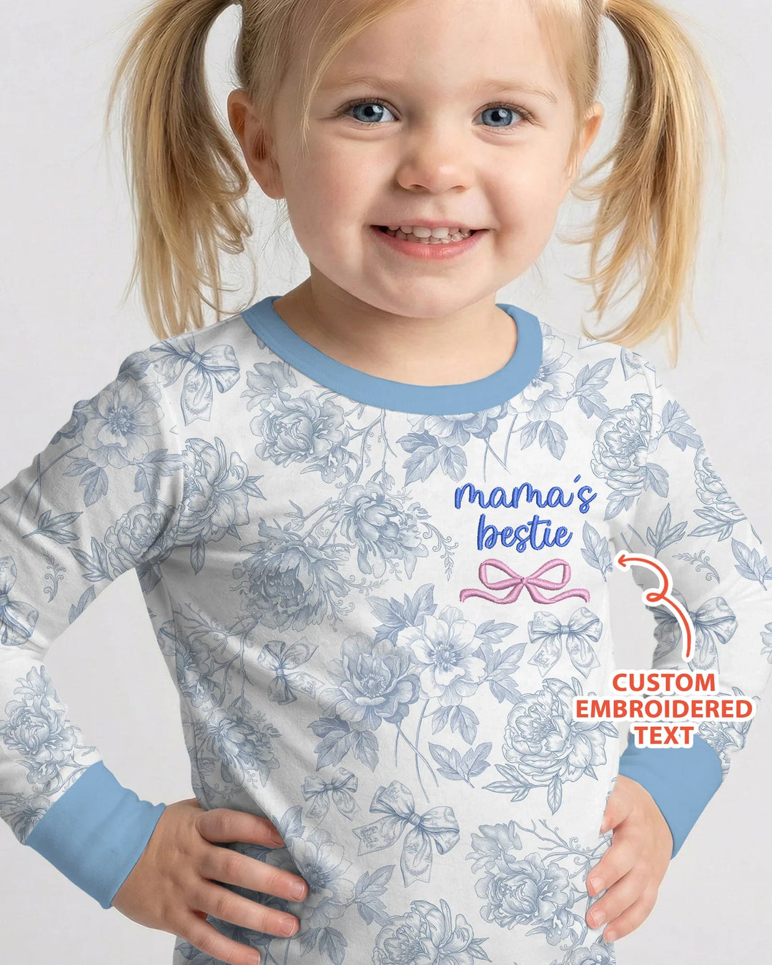 Conjunto de pijama de dos piezas de bambú de manga larga personalizado con bordado Mommy and Me Toile