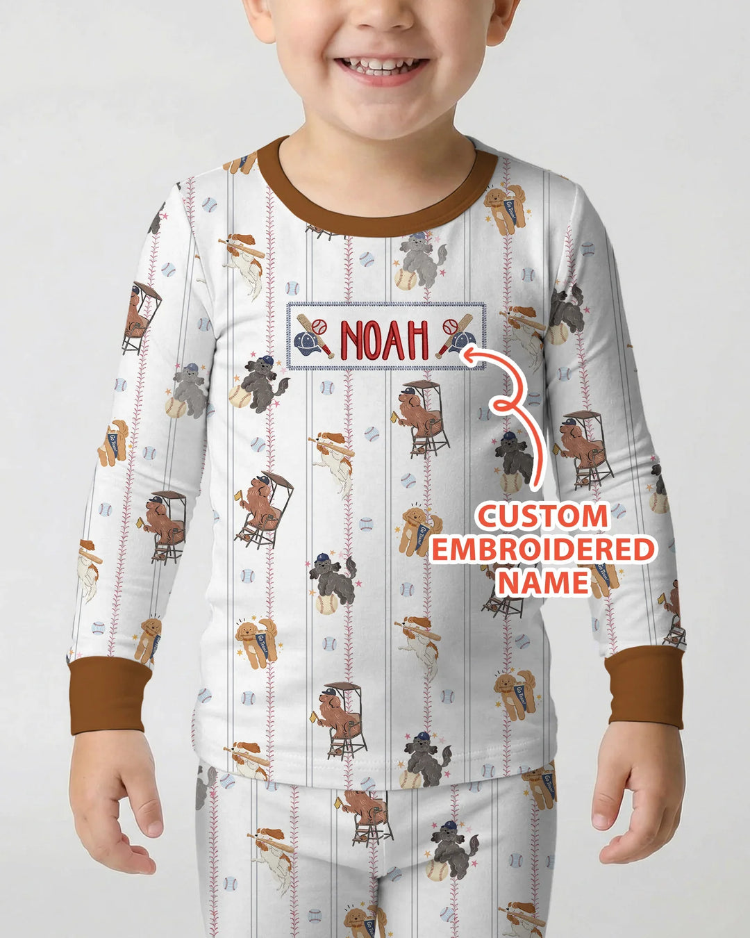 Custom Embroidered Name Baseball Bamboo Two Piece Long Sleeve Pajama Set