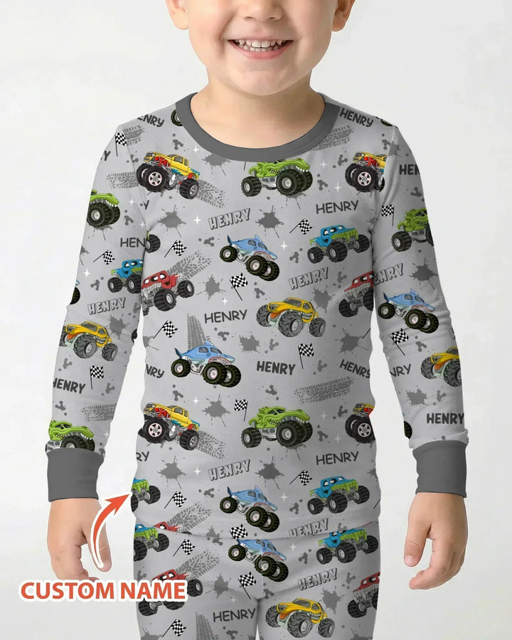 Monster Truck Dirt Jam Custom Name Daddy & Me Matching Two Piece Long Sleeve Pajama Set