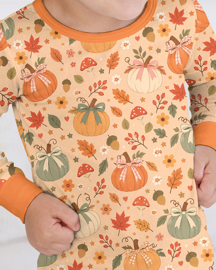 Pastel Pumpkin Bow Fall Bamboo Two Piece Long Sleeve Pajama Set