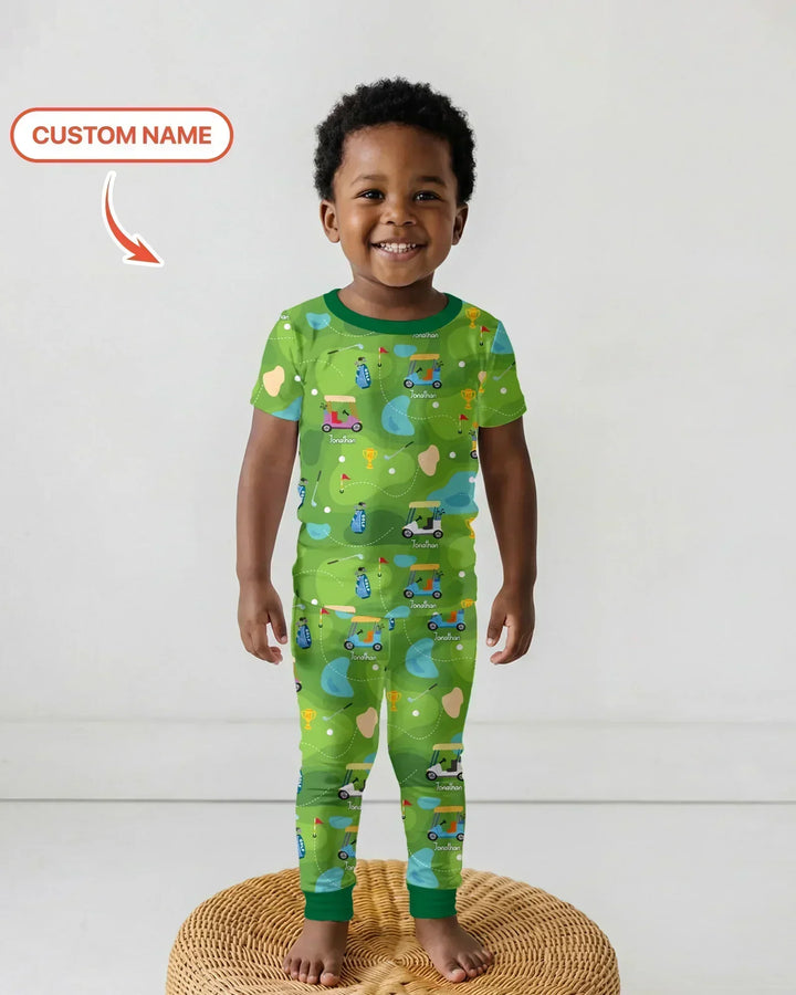 Custom Name Golf Season Family Matching Bamboo Two Piece Short Sleeve Pajama Set