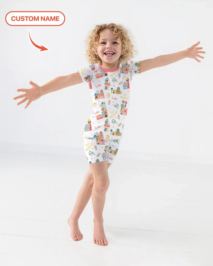 Eid Mubarak Custom Name Two Piece Short Sleeve Shorts Pajama Set