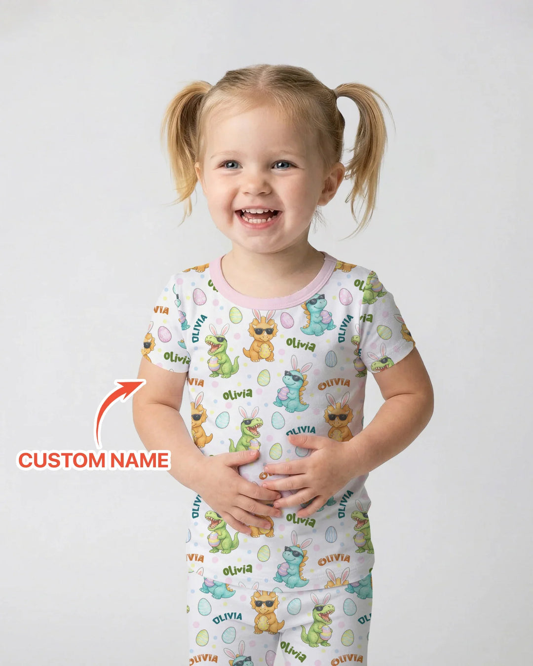 Custom Name Dinosaur on the Hunt Two Piece Short Sleeve Pajama Set