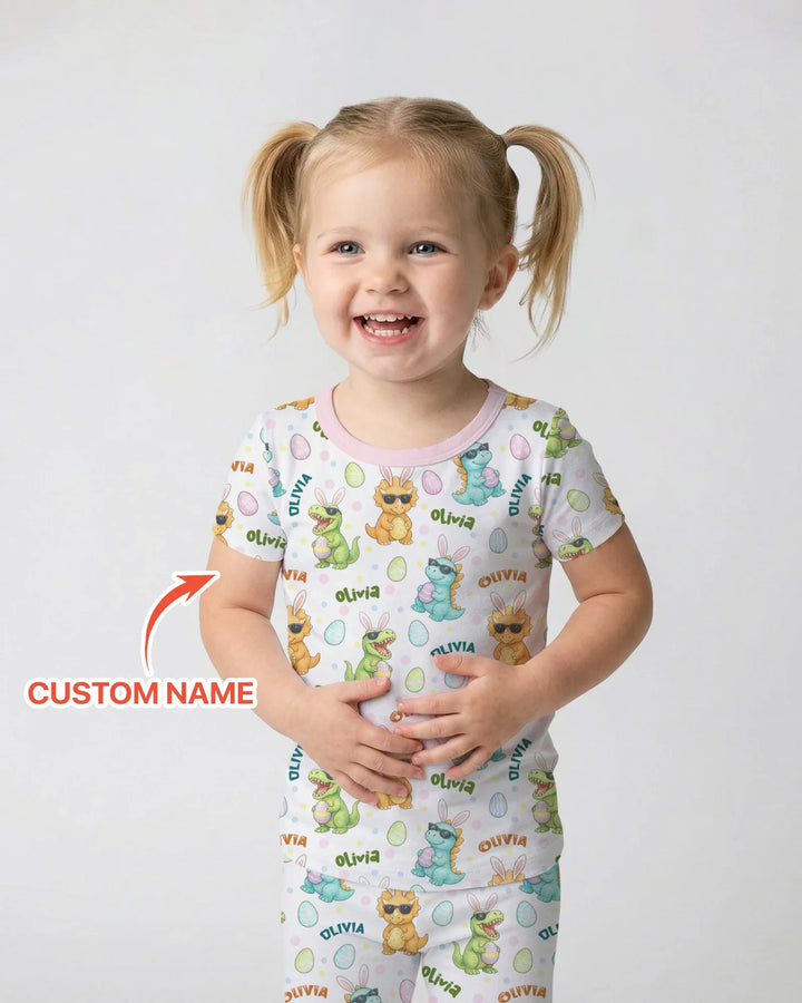 Custom Name Dinosaur on the Hunt Two Piece Short Sleeve Pajama Set