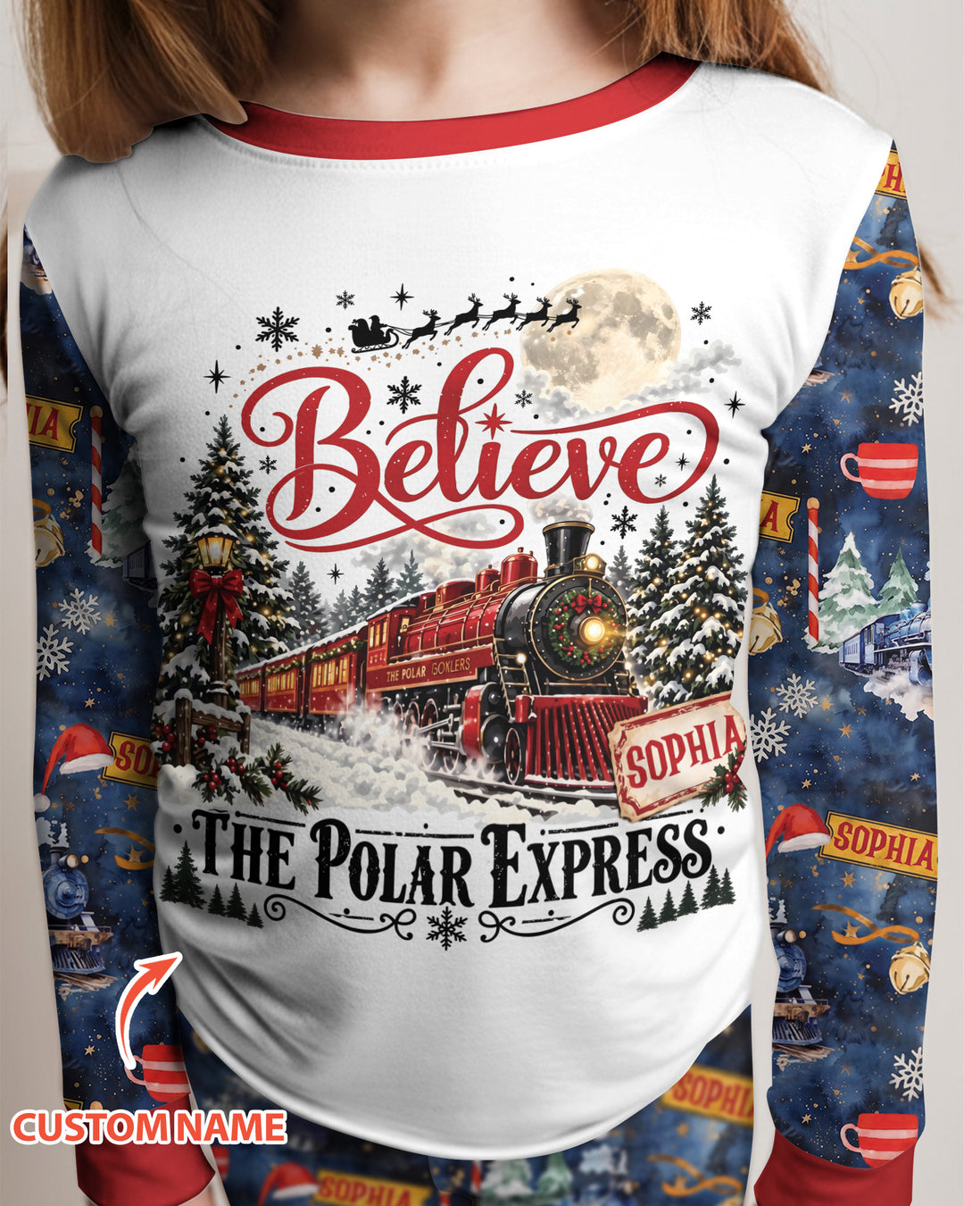 Believe North Pole Train Custom Name  Bamboo Two Piece Long Sleeve Pajama Set