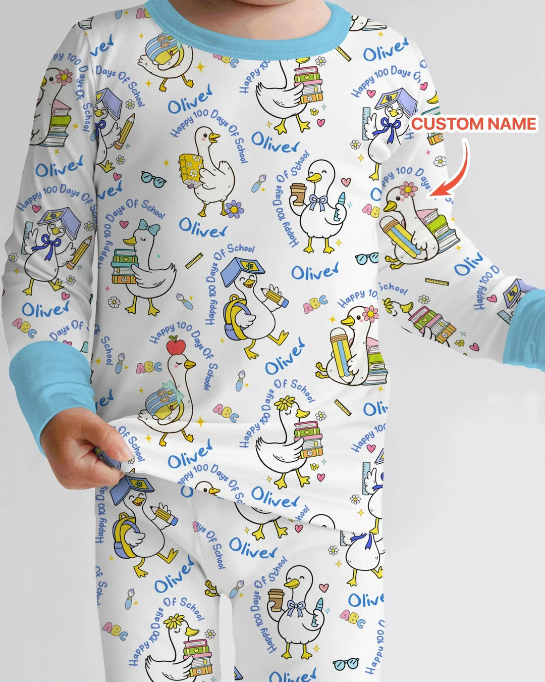 Custom Name Goose Happy 100 Days Of School Two Piece Long Sleeve Pajama Set
