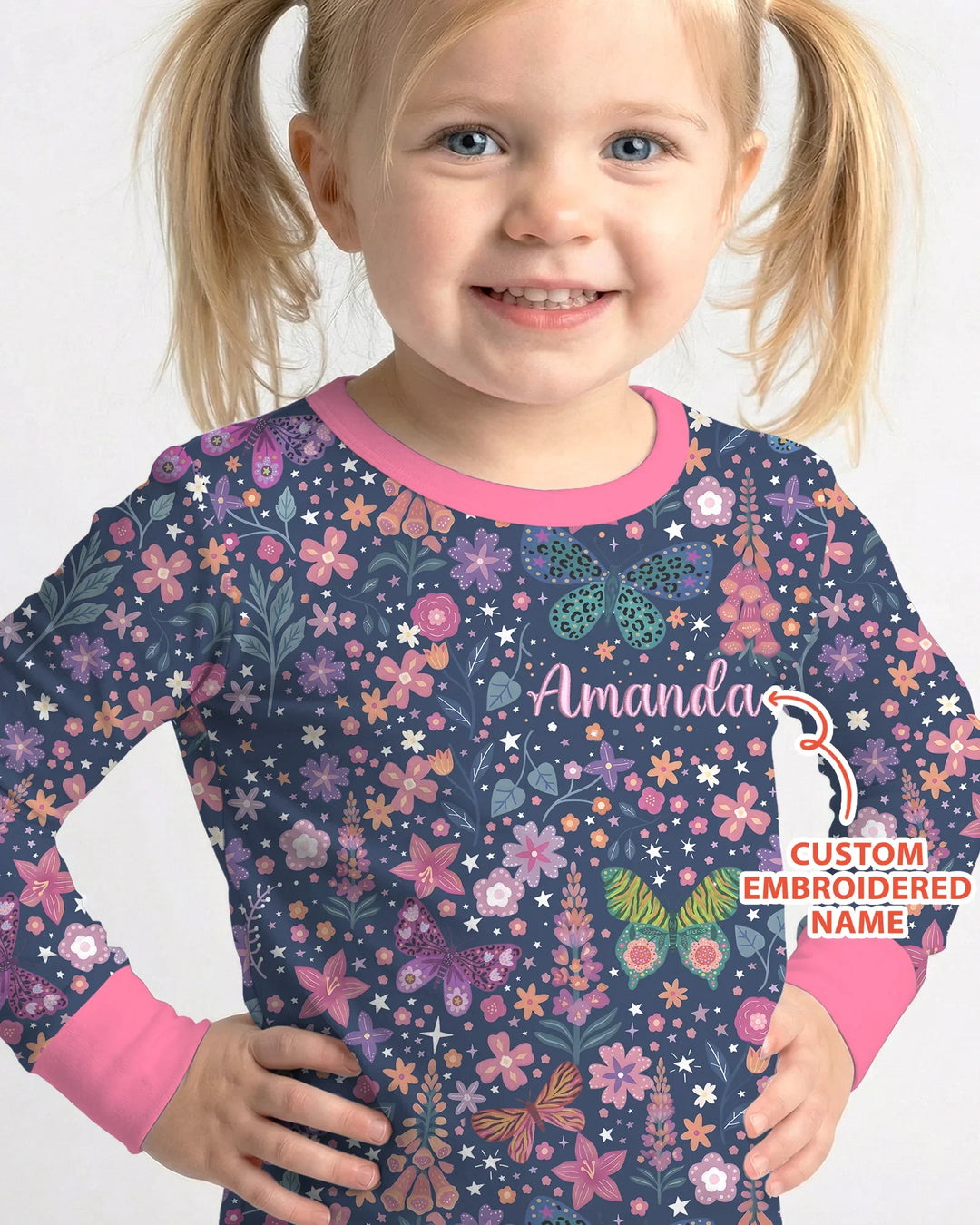 Custom Name Embroidered Colorful Butterfly Bamboo Two Piece Long Sleeve Pajama Set