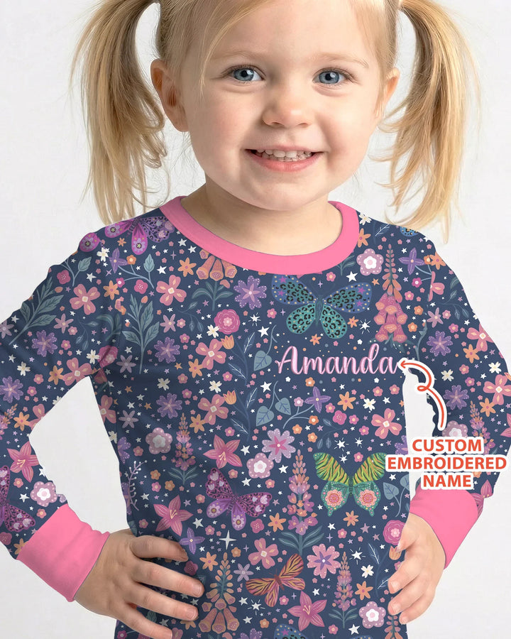 Custom Name Embroidered Colorful Butterfly Bamboo Two Piece Long Sleeve Pajama Set