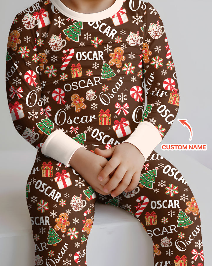 Merry Christmas Custom Name Bamboo Two Piece Long Sleeve Pajama Set