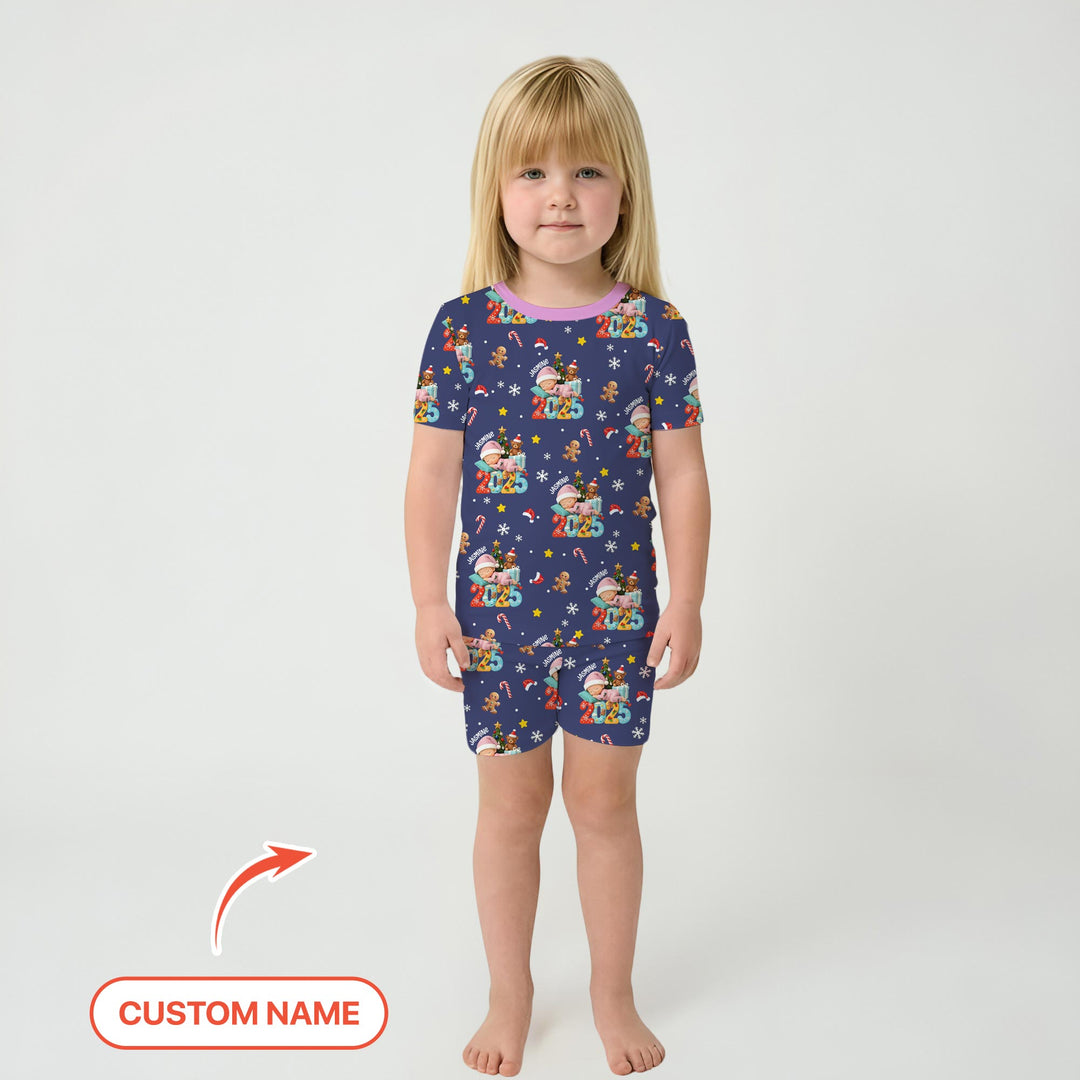Custom Name Baby Girl's First Christmas Two Piece Short Sleeve Shorts Pajama Set