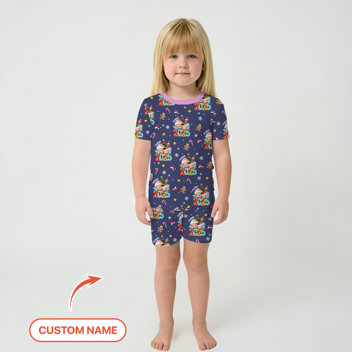 Custom Name Baby Girl's First Christmas Two Piece Short Sleeve Shorts Pajama Set