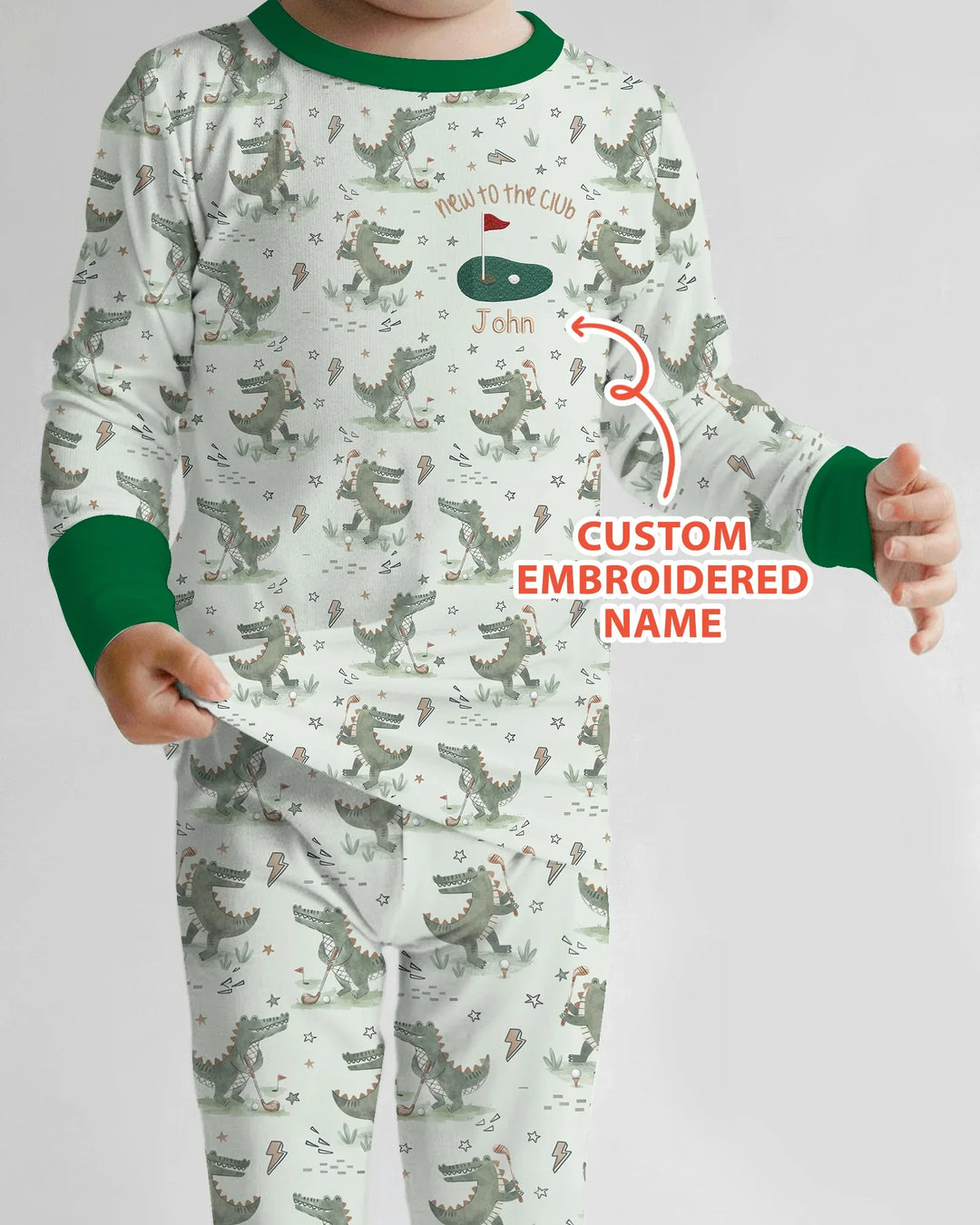 Personalized Embroidered Name Crocodile Golf Bamboo Two Piece Long Sleeve Pajama Set