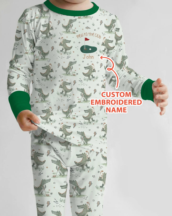 Personalized Embroidered Name Crocodile Golf Bamboo Two Piece Long Sleeve Pajama Set