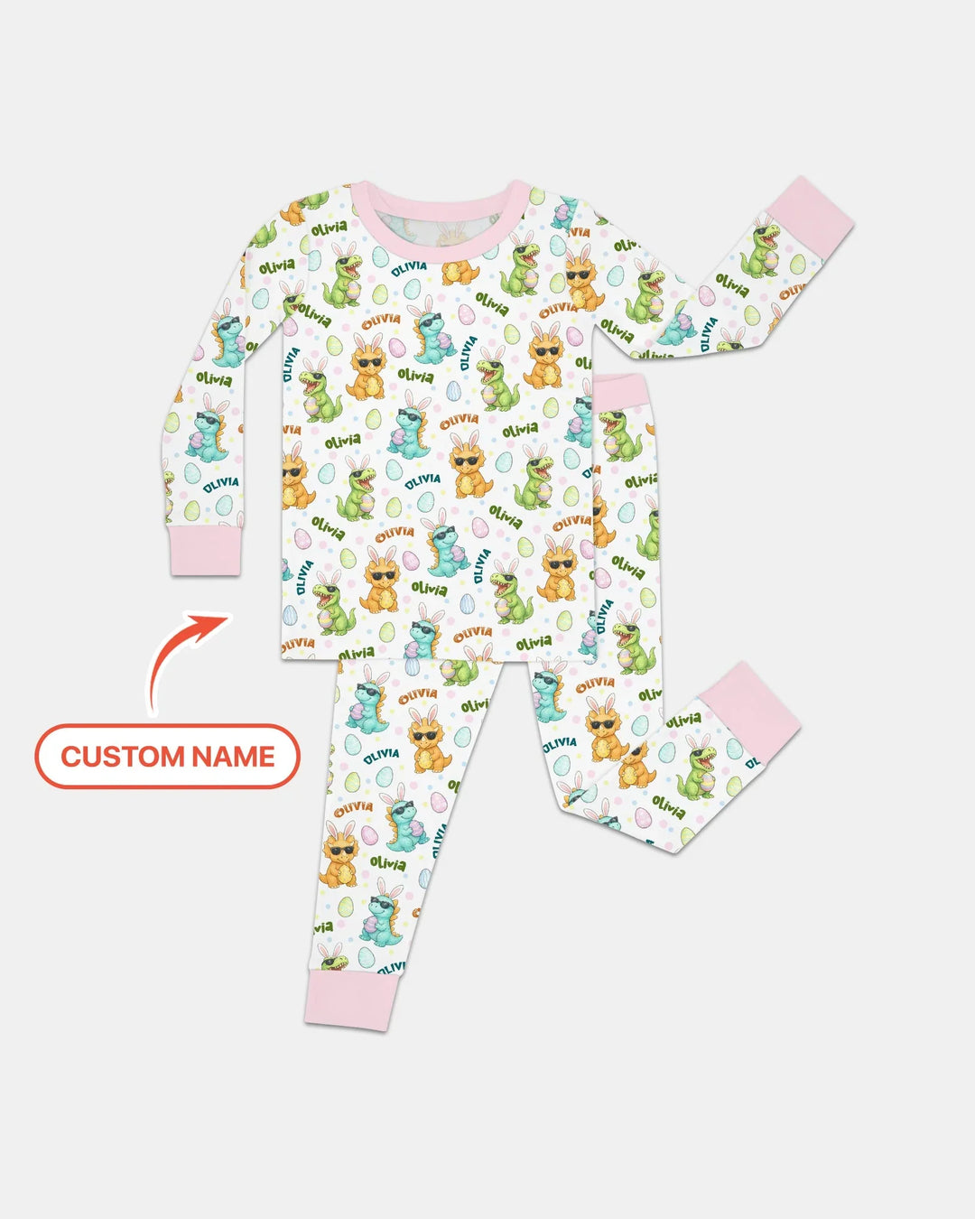 Custom Name Dinosaur on the Hunt Two Piece Long Sleeve Pajama Set