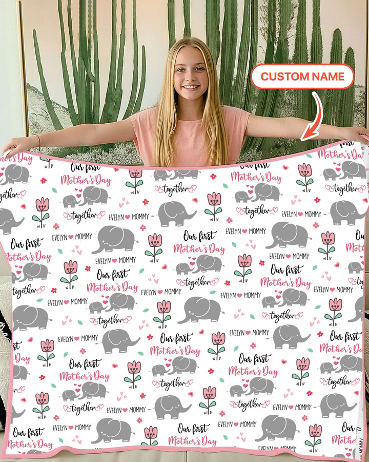 Custom Name Elephant Our First Mother's Day Blanket