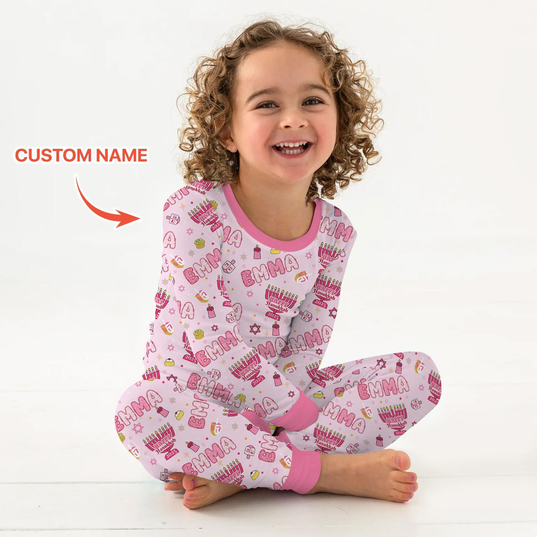 Custom name Happy Hanukkah 2025 Two Piece Long Sleeve Pajama Set