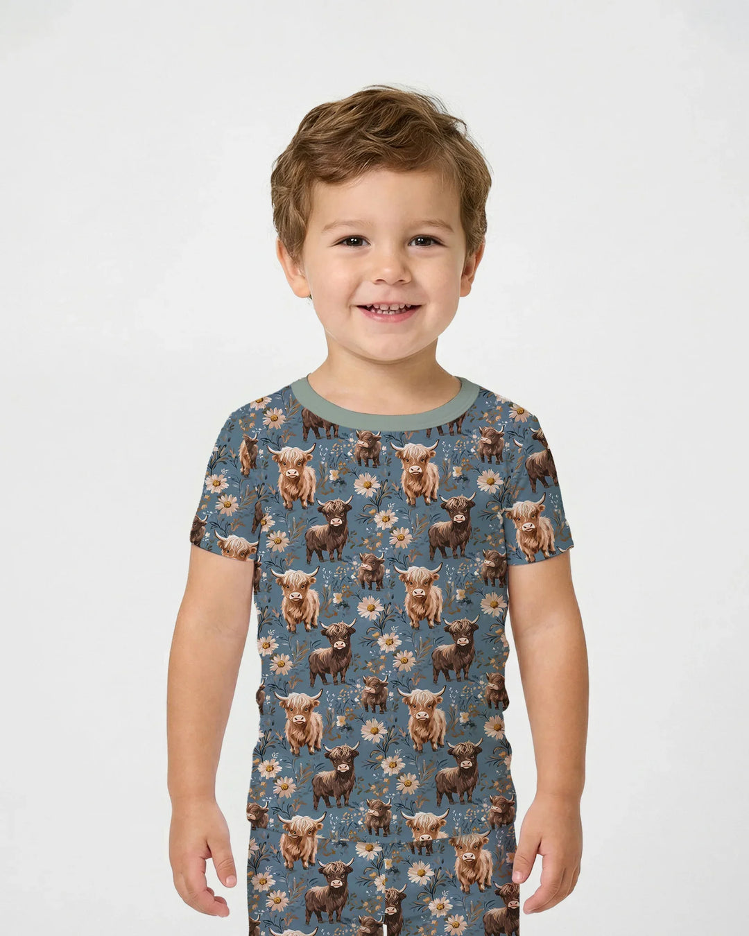Majestic Highland Cows Family Matching Bamboo Two Piece Short Sleeve Pajama Set