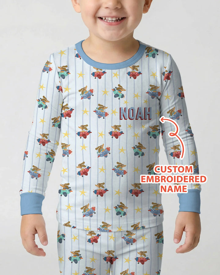 Custom Name Embroidered Dachshund Pilot Bamboo Two Piece Long Sleeve Pajama Set