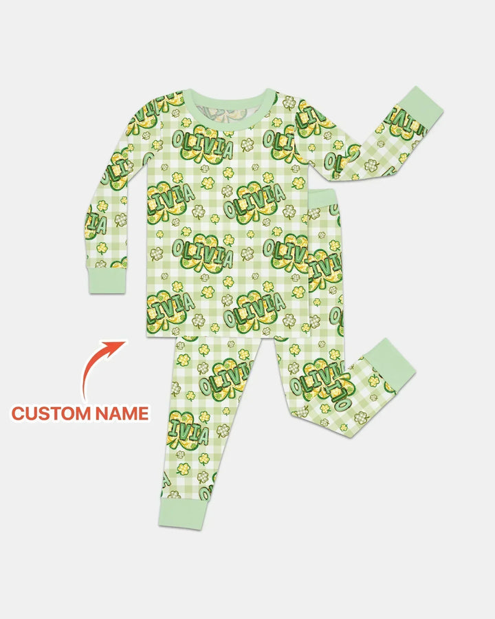 Lucky Shamrock Custom Name Two Piece Long Sleeve Pajama Set