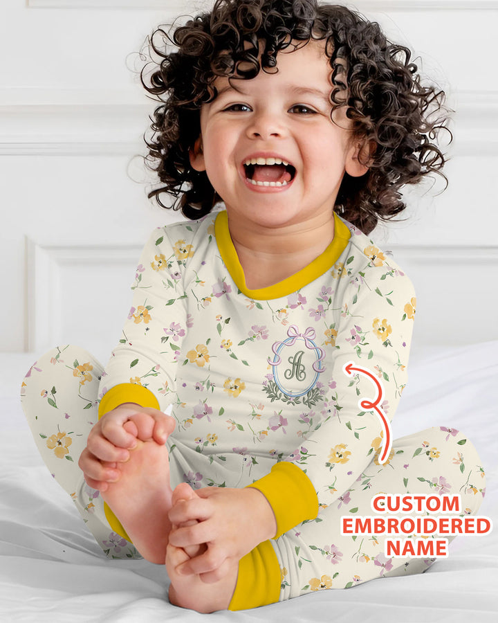 Custom Embroidered Name Floral Bamboo Two Piece Long Sleeve Pajama Set