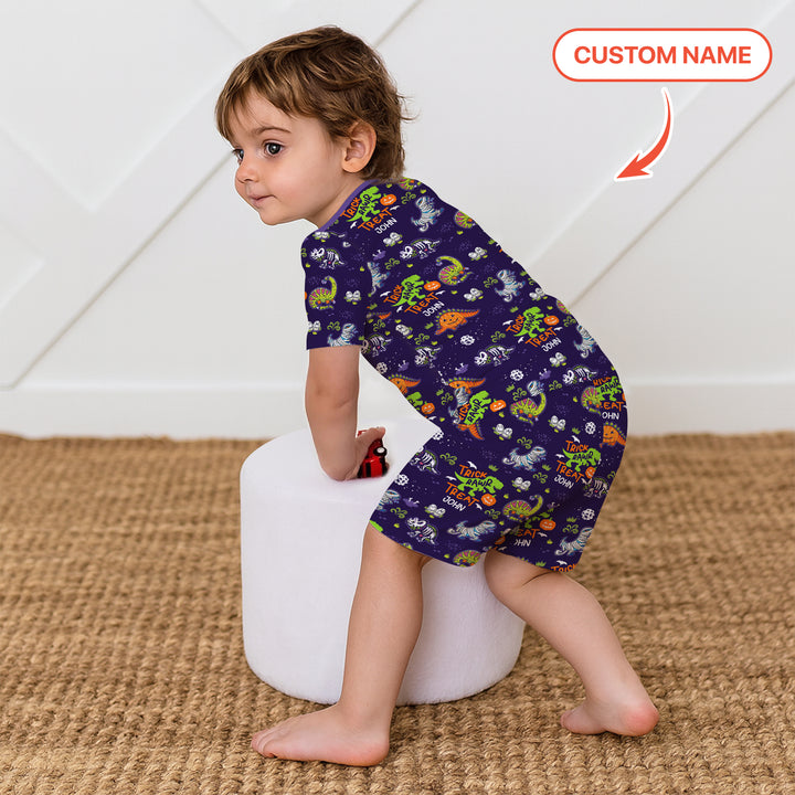 Trick Rawr Treat Custom Name Two Piece Short Sleeve Shorts Pajama Set