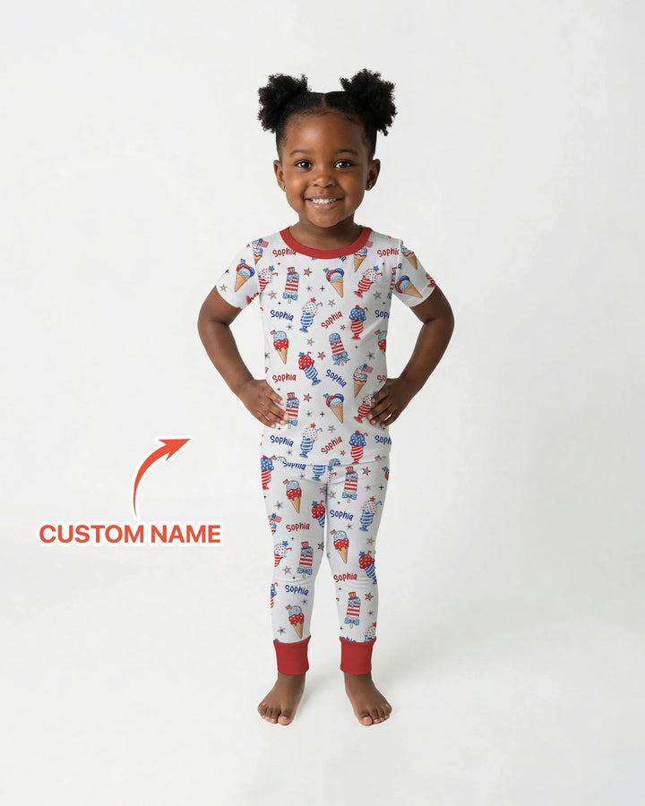 Custom Name Red, White & Ice Cream Bamboo Two Piece Short Sleeve Pajama Set