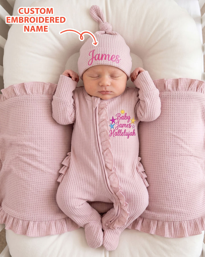 Personalized Baby Hallelujah Embroidered Waffle Ruffle Bamboo Zipper Footie