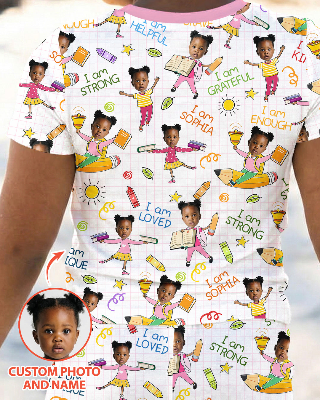 Custom Photo Kid Affirmations I Am Kind Bamboo Two Piece Short Sleeve Pajama Set