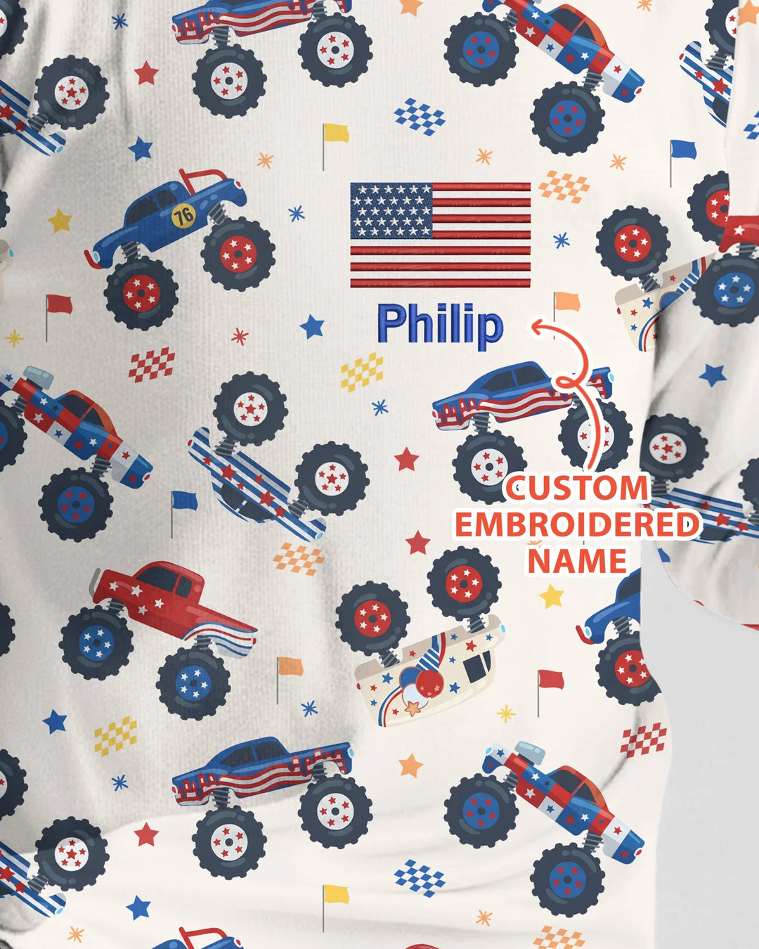 Custom Name Embroidered Red White & Truck Bamboo Two Piece Long Sleeve Pajama Set
