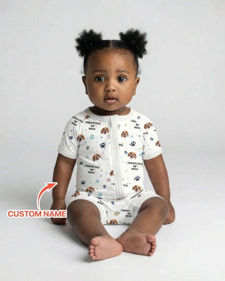 Custom Dog Photo Pattern "Protected By" Shorty Zippered Romper