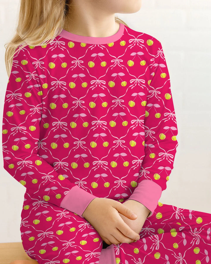 Cherry Baseball Softball Mom and Girl Matching Bamboo Two Piece Long Sleeve Pajama Set