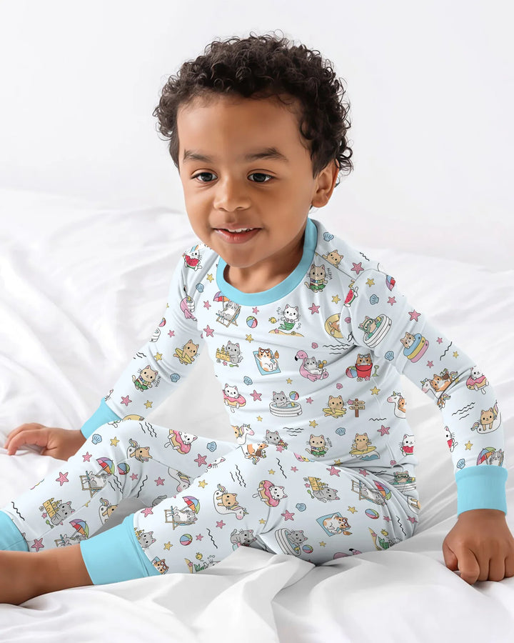 Kawaii Cats Summer Vacation Bamboo Two Piece Long Sleeve Pajama Set