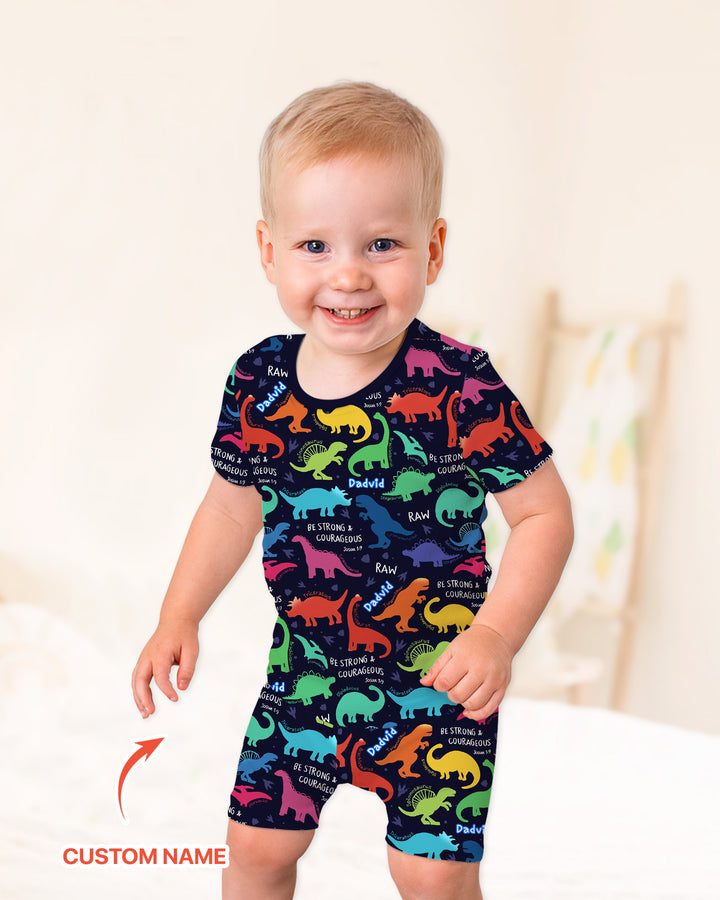Be Strong and Courageous Dinosaur Christian Bamboo Two Piece Short Sleeve Shorts Pajama Set