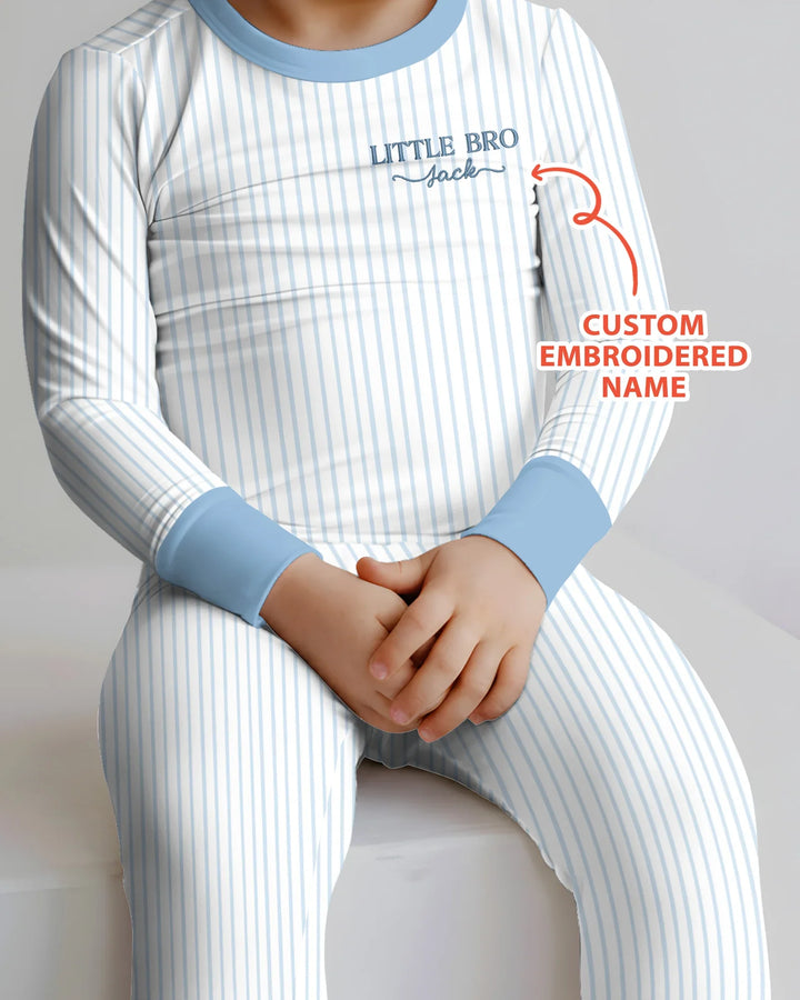 Conjunto de pijama de dos piezas de bambú de manga larga para hermanito con nombre bordado personalizado