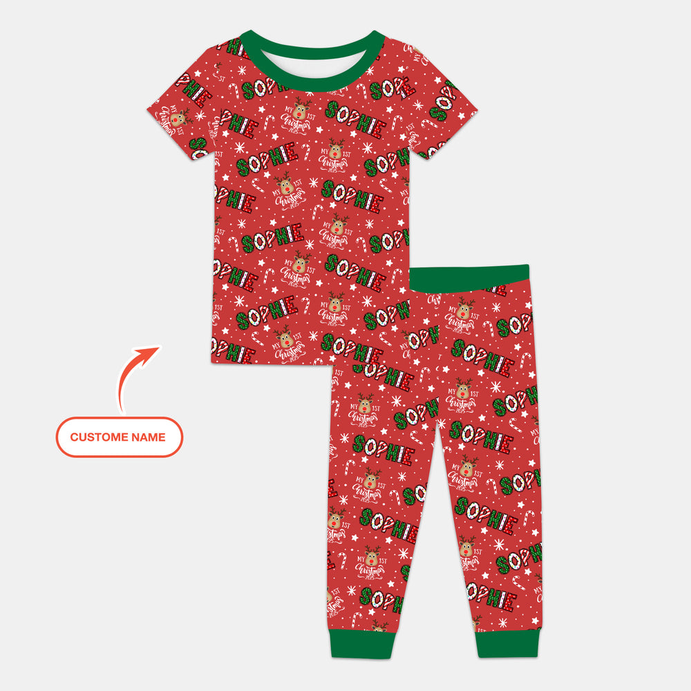 Custom Name "My First Christmas 2025" Two Piece Short Sleeve Pajama Set , Custom Name "My First Christmas 2025" Two Piece Short Sleeve Pajama Set - 12-18M