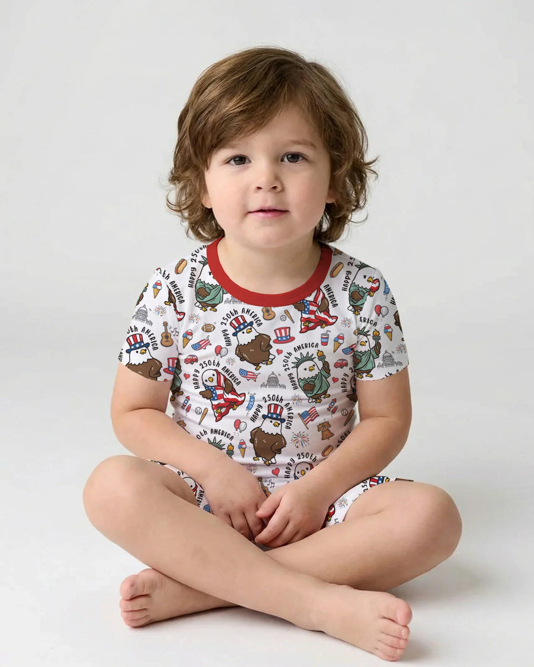 Happy 250th America Cute Patriotic Eagles Family Matching Bamboo Two Piece Short Sleeve Shorts Pajama Set