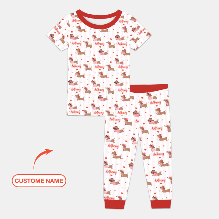 Custom Name Valentine Dachshund Family Matching Two Piece Short Sleeve Pajama Set