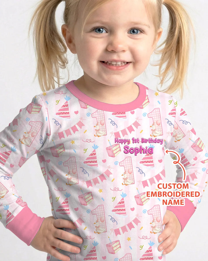 1st Birthday Girl Embroidered Baby Bamboo Two Piece Long Sleeve Pajama Set