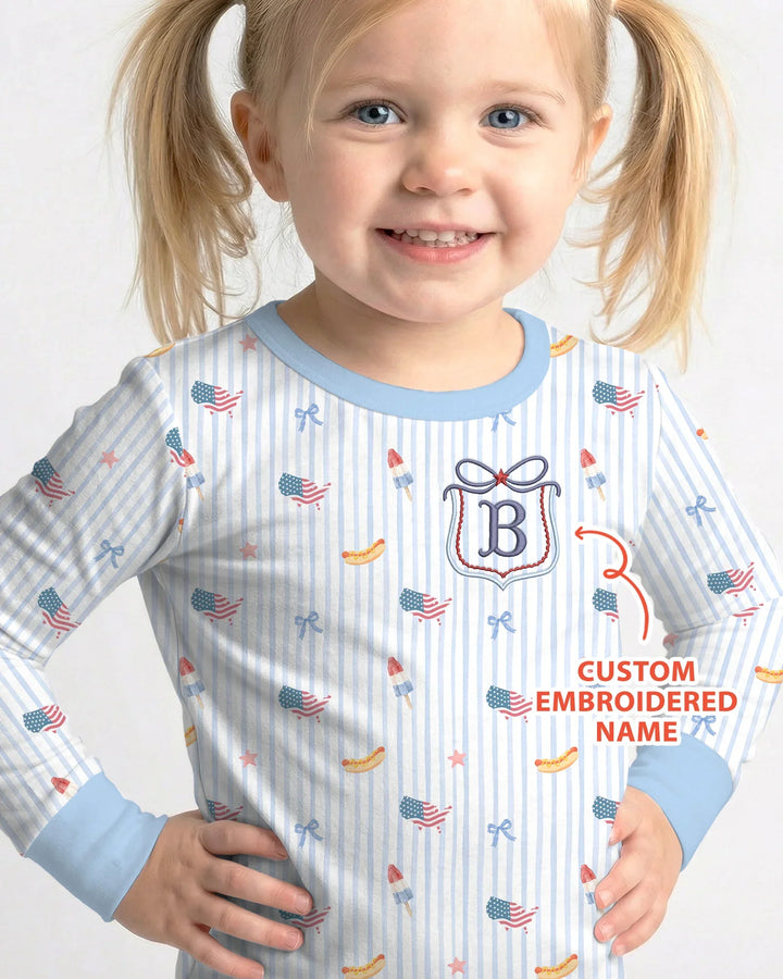 Personalized 4th Of July Embroidered Bamboo Two Piece Long Sleeve Pajama Set