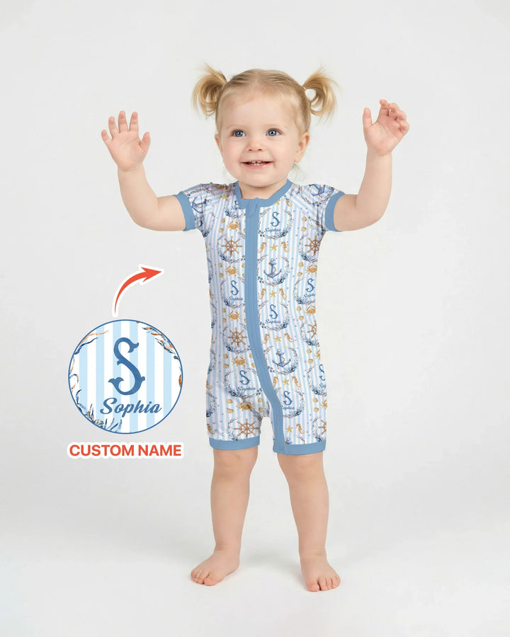 Bon Voyage - Pijama corto de bambú con cremallera y nombre personalizado