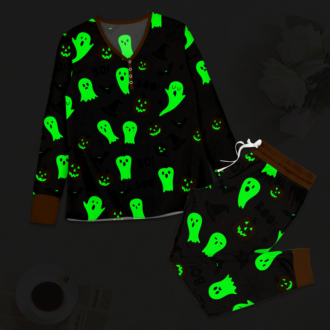 Halloween Boo & Pumpkin Glow In The Dark Women Pajama Set